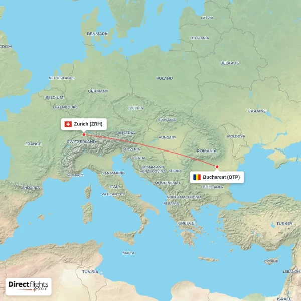 Bucharest - Zurich direct flight map