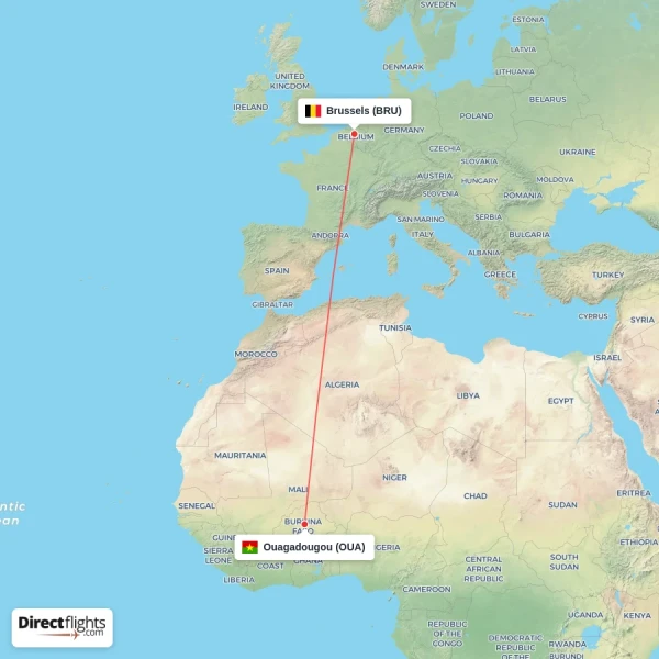 Ouagadougou - Brussels direct flight map