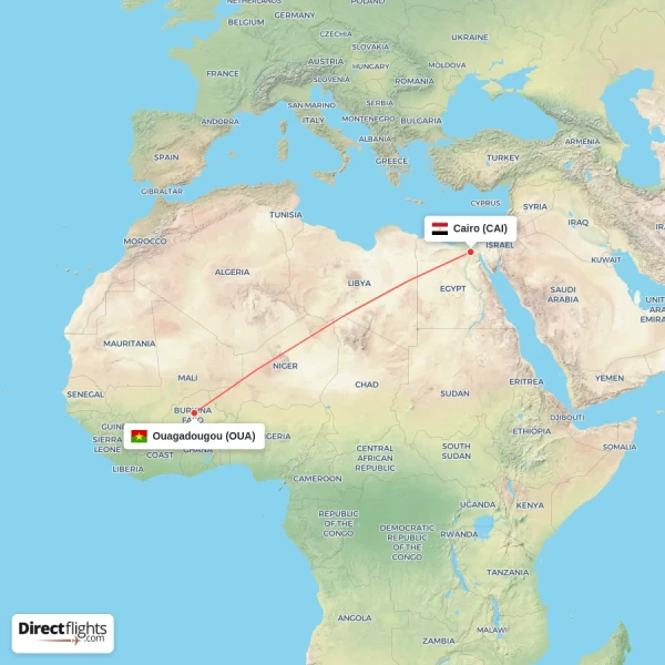 Ouagadougou - Cairo direct flight map