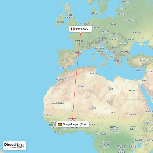 Ouagadougou - Paris direct flight map