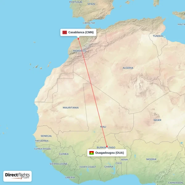 Ouagadougou - Casablanca direct flight map