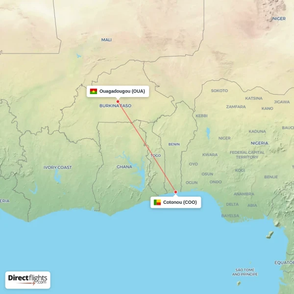 Ouagadougou - Cotonou direct flight map