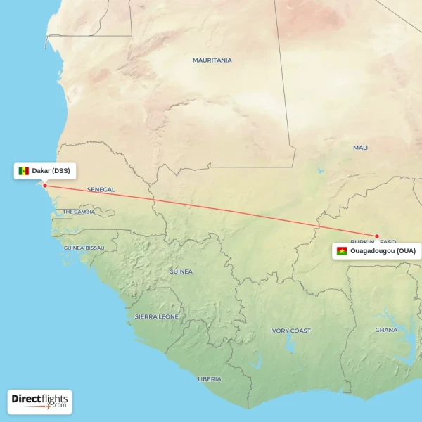 Ouagadougou - Dakar direct flight map