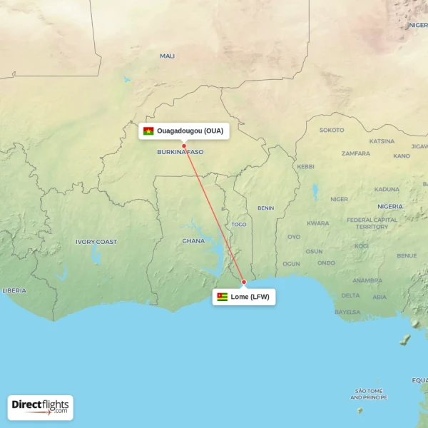 Ouagadougou - Lome direct flight map
