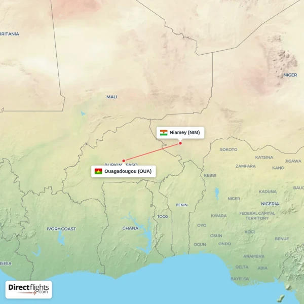 Ouagadougou - Niamey direct flight map