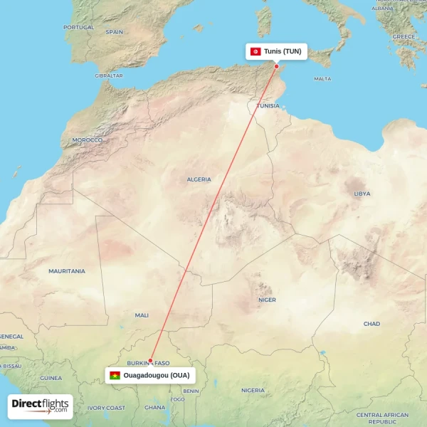 Ouagadougou - Tunis direct flight map