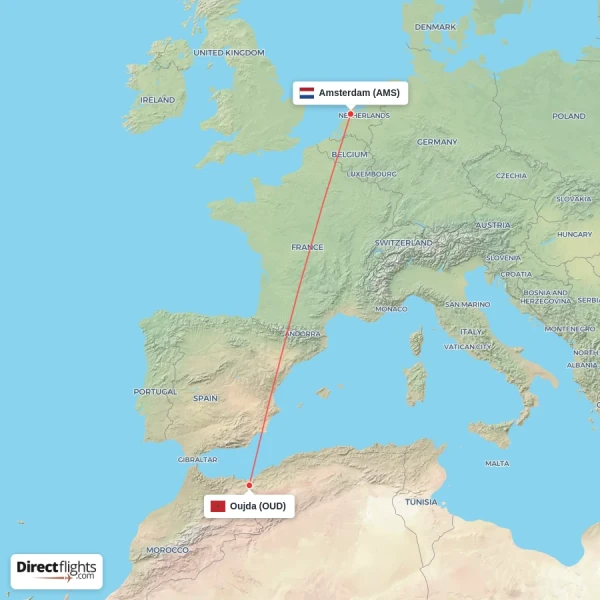 Oujda - Amsterdam direct flight map