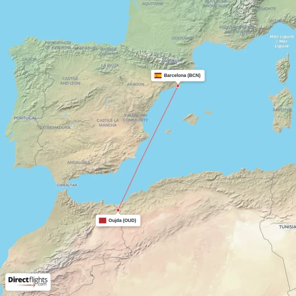 Oujda - Barcelona direct flight map