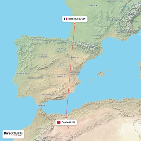 Oujda - Bordeaux direct flight map