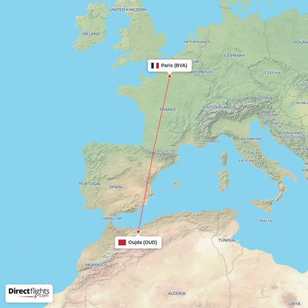 Oujda - Paris direct flight map