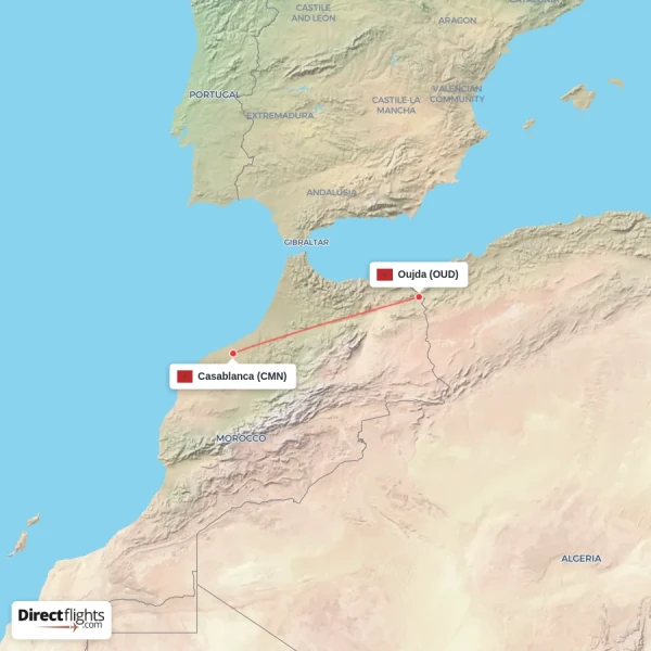 Oujda - Casablanca direct flight map