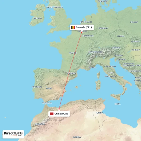 Oujda - Brussels direct flight map