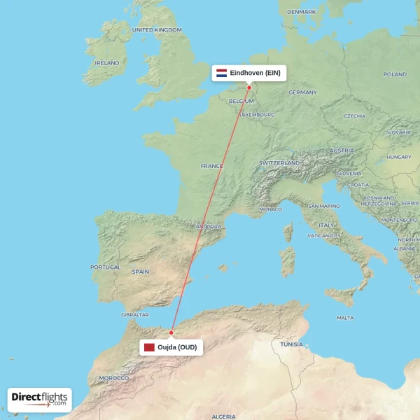 Oujda - Eindhoven direct flight map