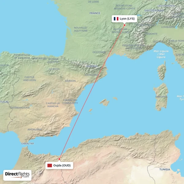 Oujda - Lyon direct flight map