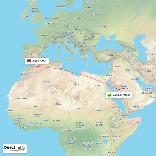 Oujda - Madinah direct flight map