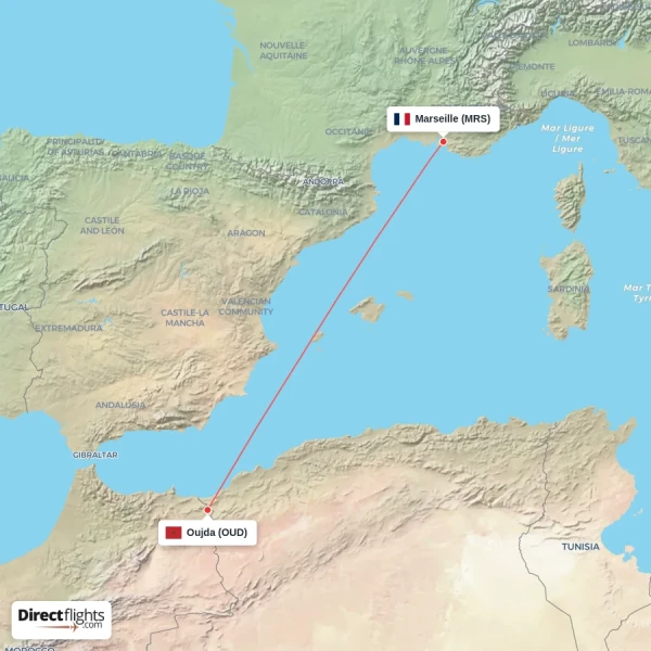 Oujda - Marseille direct flight map