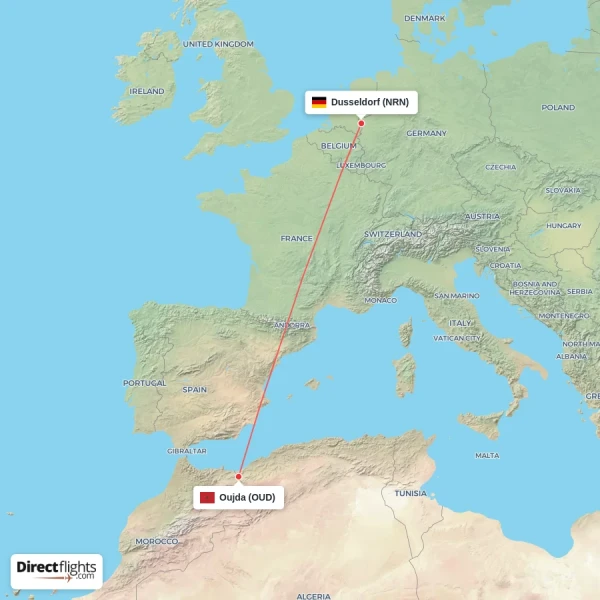 Oujda - Dusseldorf direct flight map