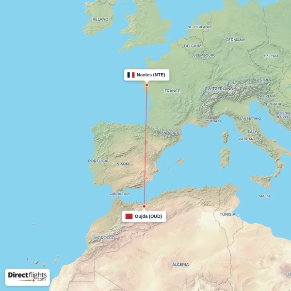 Oujda - Nantes direct flight map
