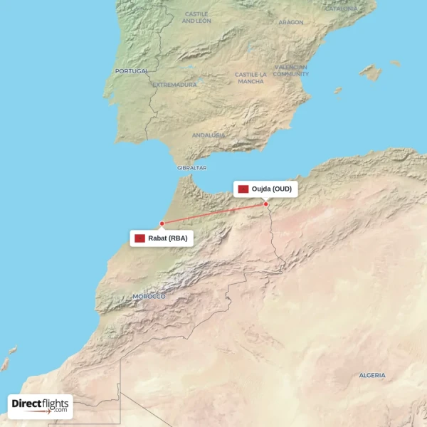 Oujda - Rabat direct flight map