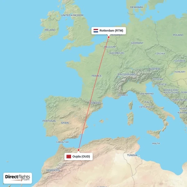 Oujda - Rotterdam direct flight map