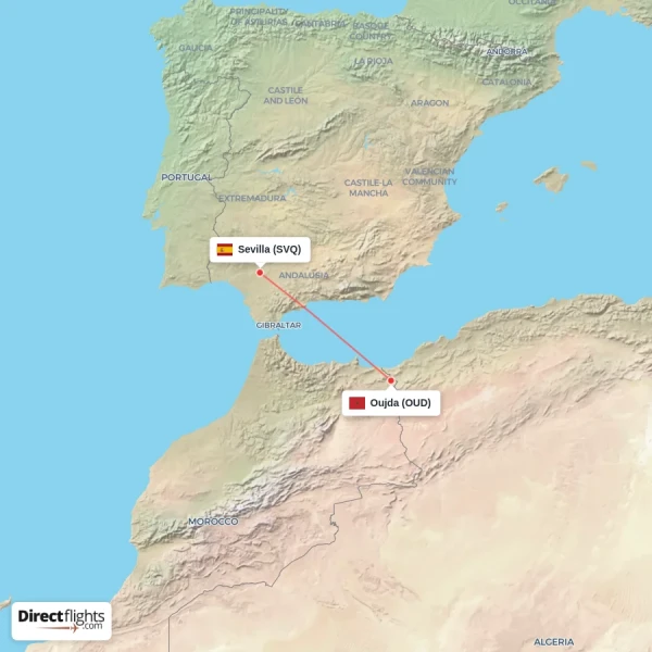 Oujda - Sevilla direct flight map