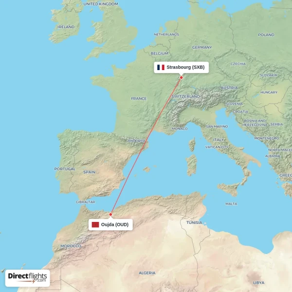 Oujda - Strasbourg direct flight map