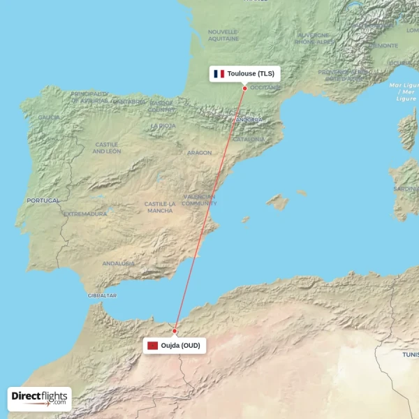 Oujda - Toulouse direct flight map
