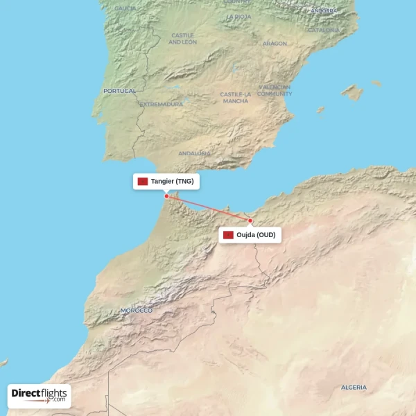 Oujda - Tangier direct flight map