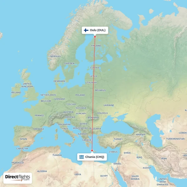 Oulu - Chania direct flight map