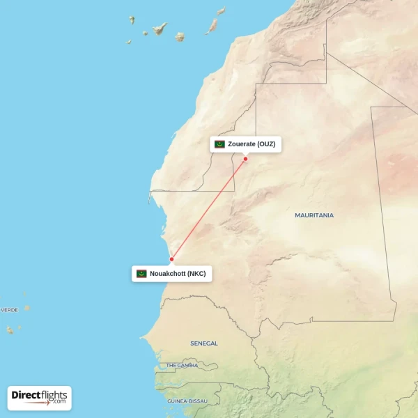 Zouerate - Nouakchott direct flight map