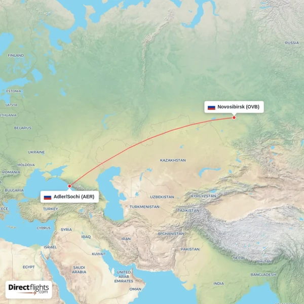 Novosibirsk - Adler/Sochi direct flight map