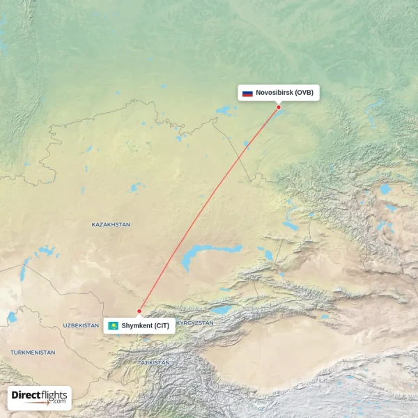Novosibirsk - Shymkent direct flight map