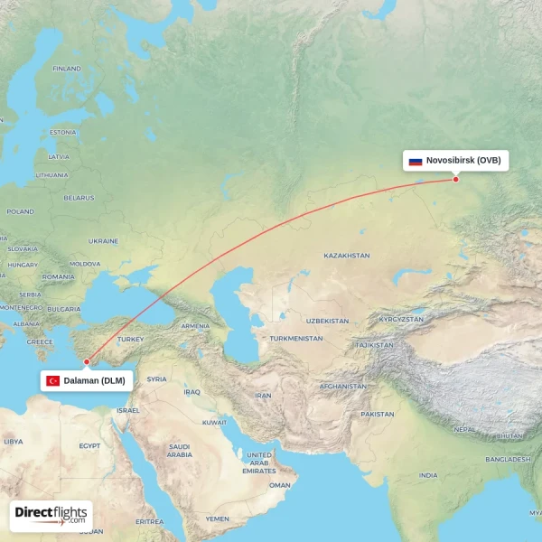Novosibirsk - Dalaman direct flight map