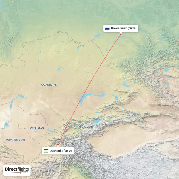 Novosibirsk - Dushanbe direct flight map