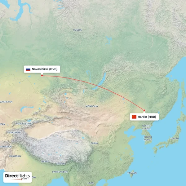 Novosibirsk - Harbin direct flight map