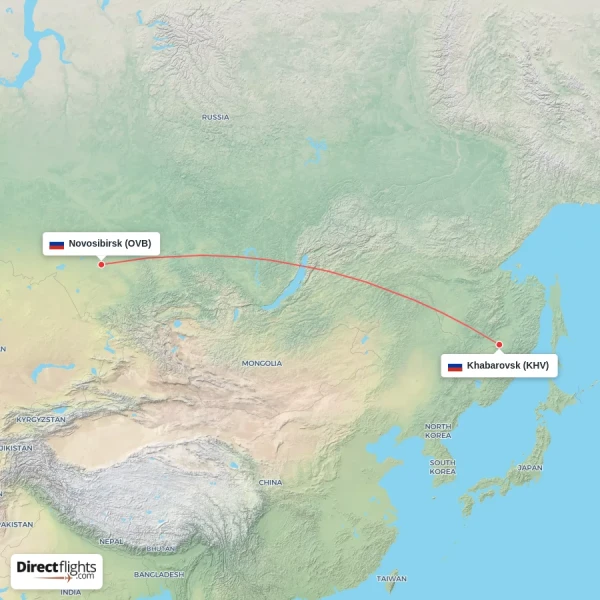 Novosibirsk - Khabarovsk direct flight map