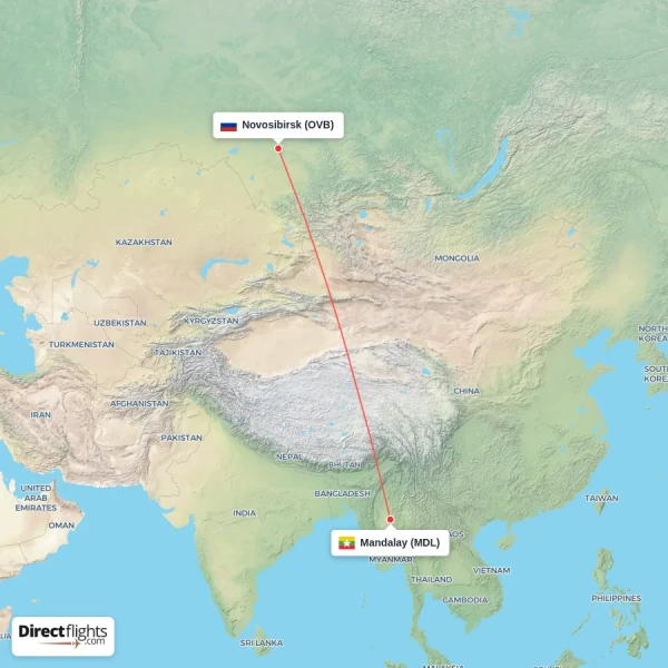 Novosibirsk - Mandalay direct flight map