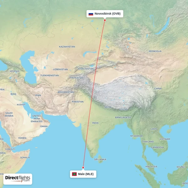 Novosibirsk - Male direct flight map