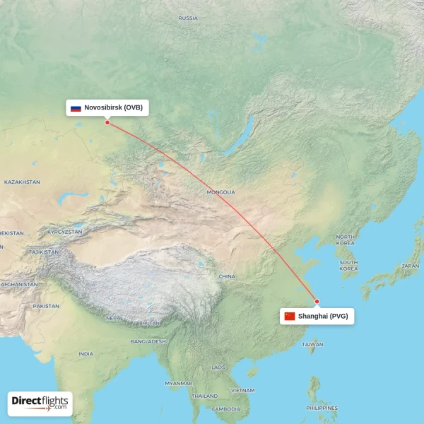 Novosibirsk - Shanghai direct flight map