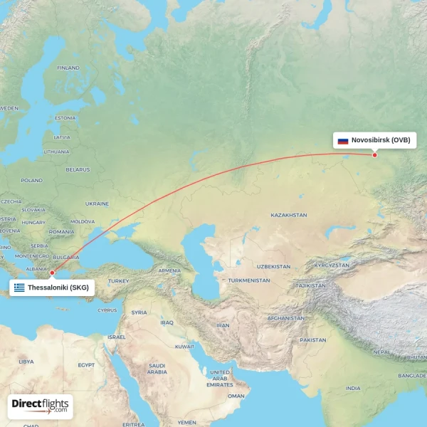 Novosibirsk - Thessaloniki direct flight map