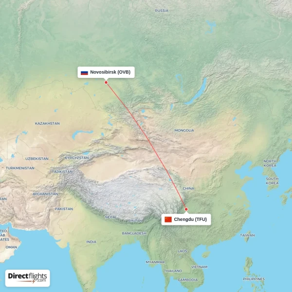 Novosibirsk - Chengdu direct flight map