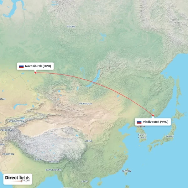 Novosibirsk - Vladivostok direct flight map