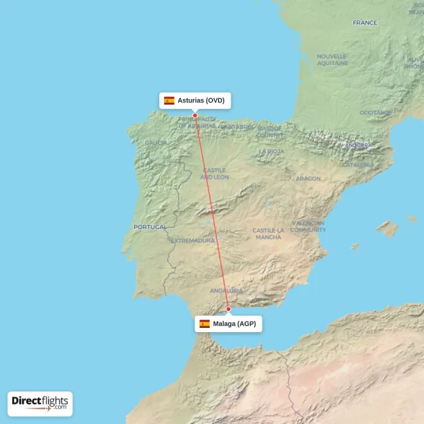 Asturias - Malaga direct flight map