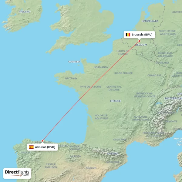 Asturias - Brussels direct flight map
