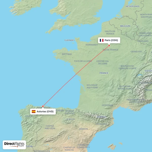 Asturias - Paris direct flight map