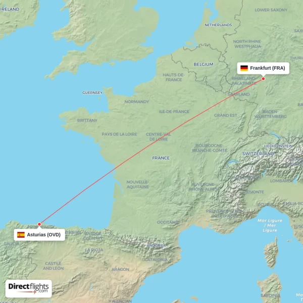 Asturias - Frankfurt direct flight map