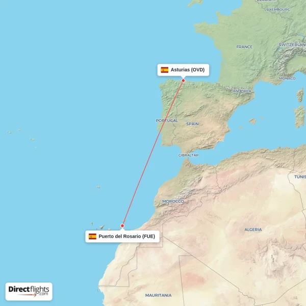 Asturias - Puerto del Rosario direct flight map