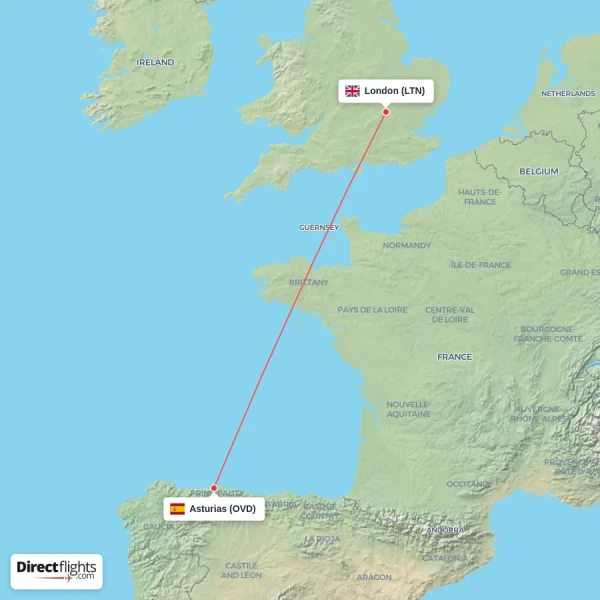 Asturias - London direct flight map