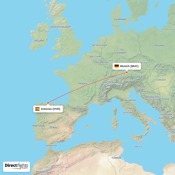 Asturias - Munich direct flight map