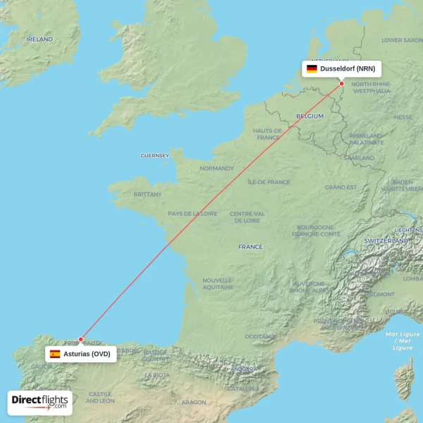 Asturias - Dusseldorf direct flight map